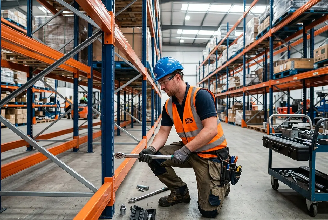 Professionele monteurs monteren magazijnstellingen op locatie